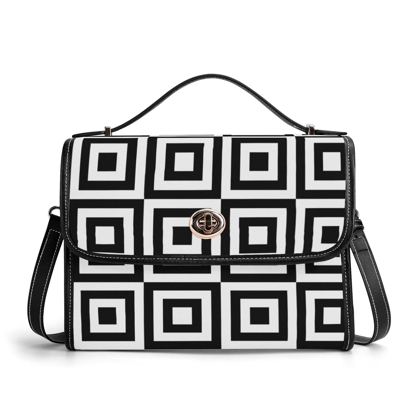 Box Patterned Leather Satchel Bag