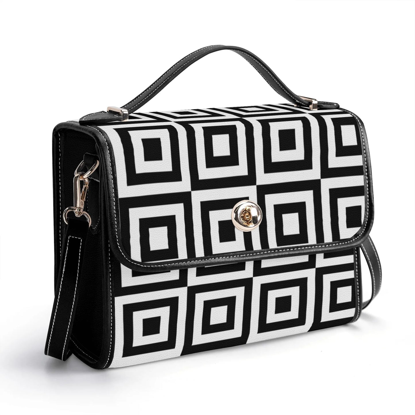 Box Patterned Leather Satchel Bag