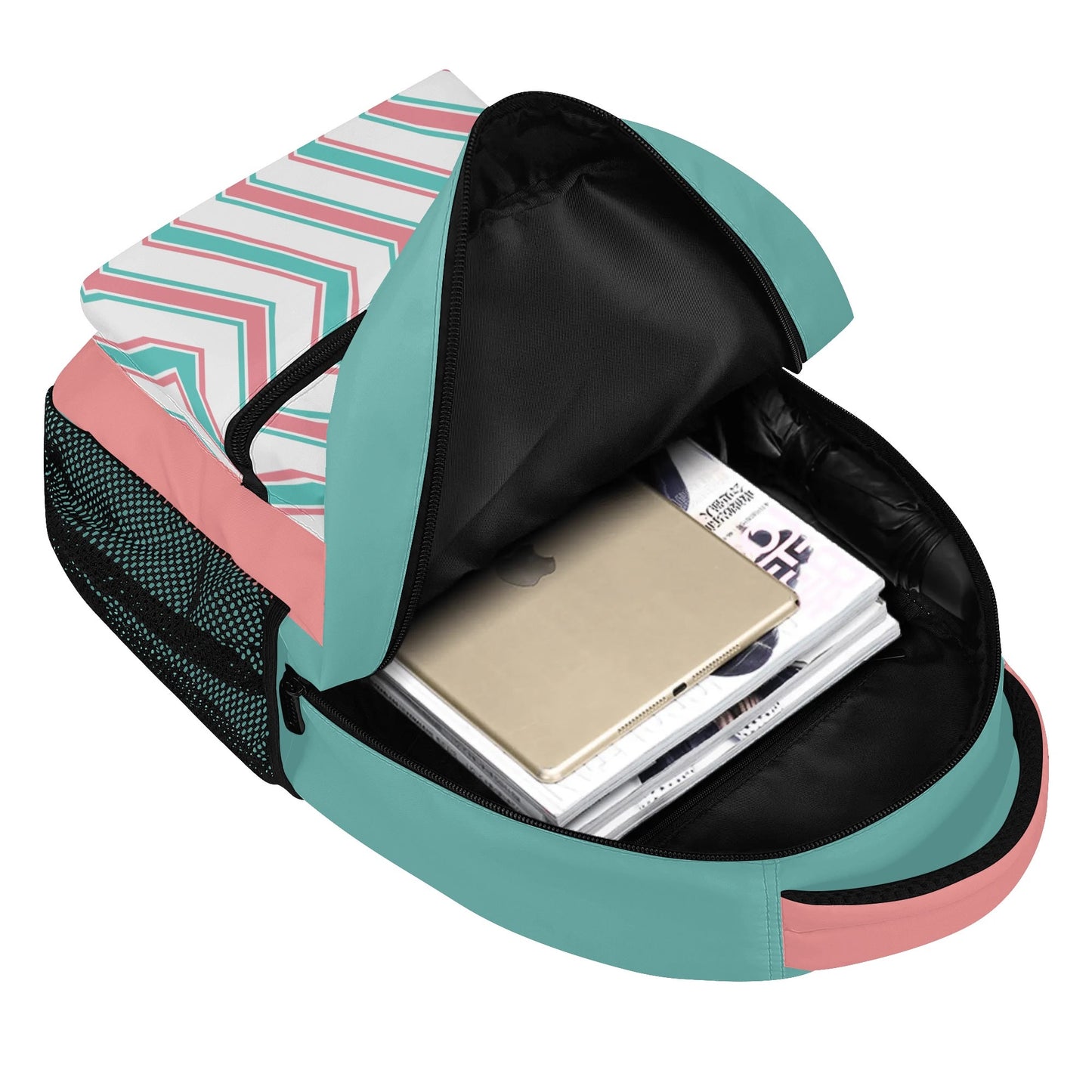 Peach & Teal Patterned Casual School Backpack