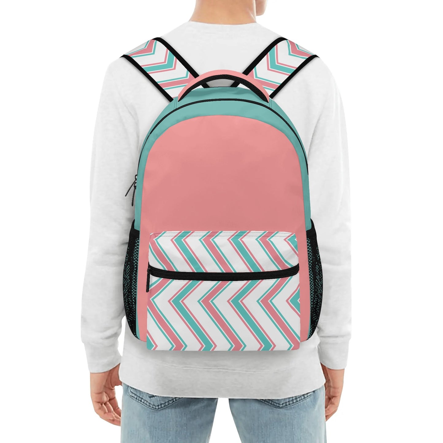 Peach & Teal Patterned Casual School Backpack