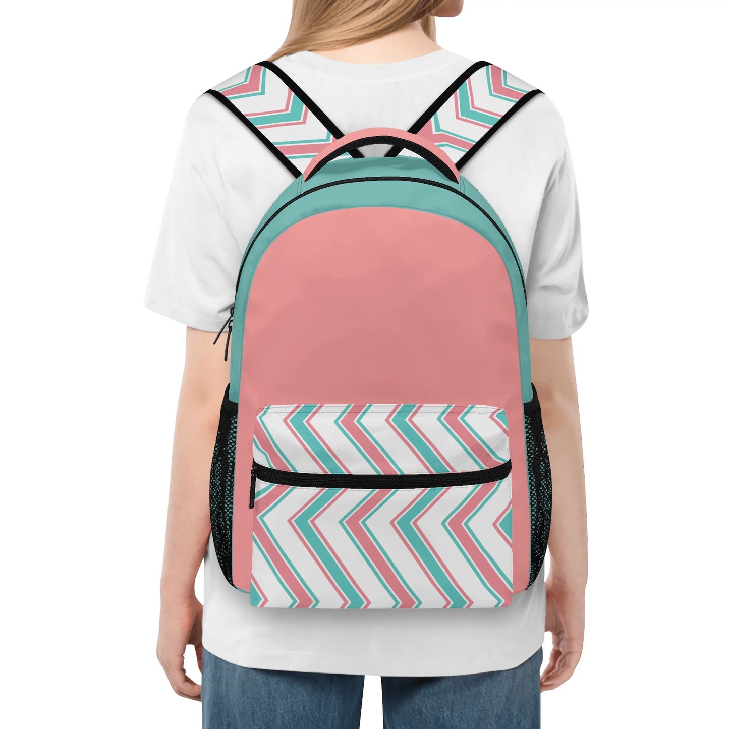 Peach & Teal Patterned Casual School Backpack